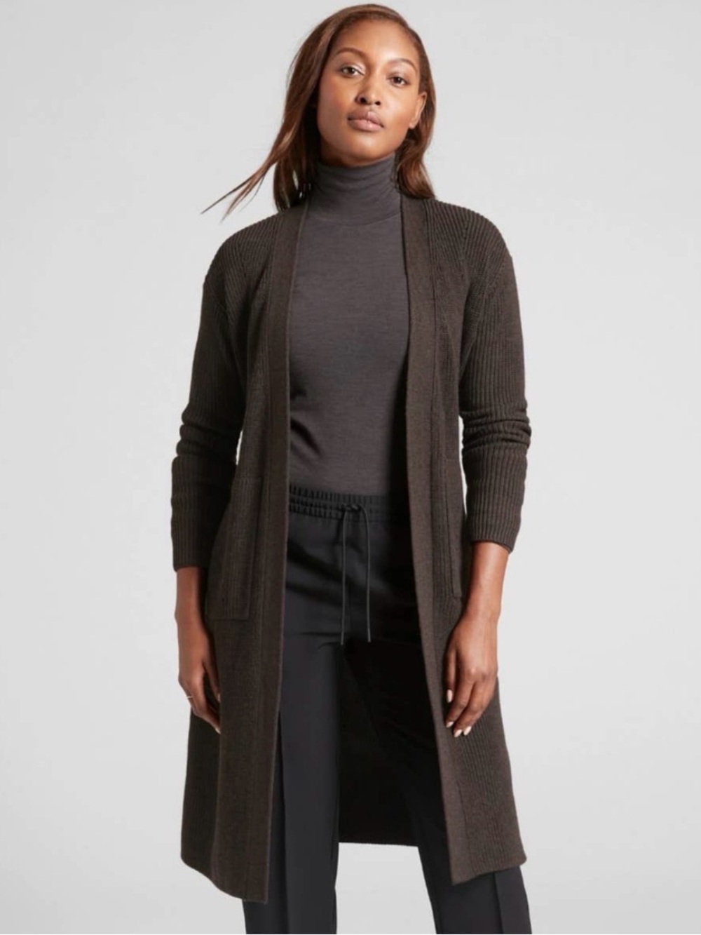 Athleta Scenic Brown Wrap Cardigan Merino Wool Blend Belted Duster Sweater XL